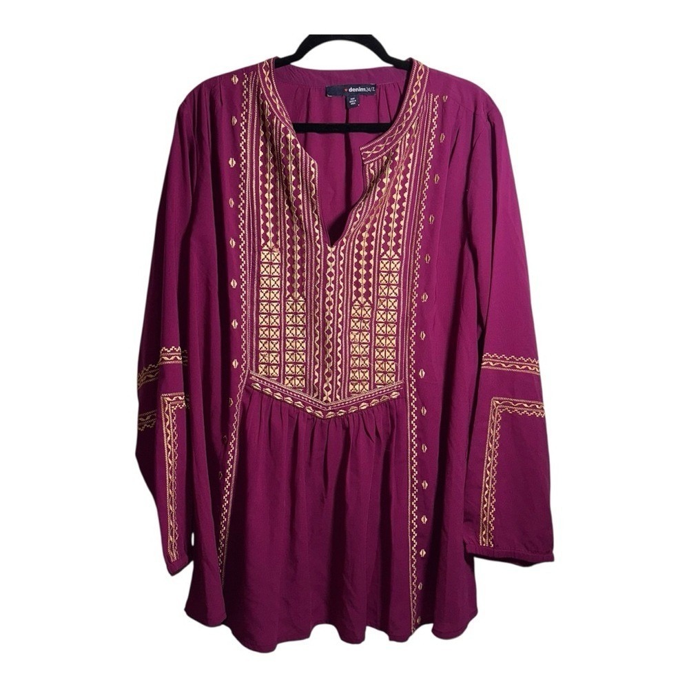 DENIM 24/7 Raspberry Polyester Embroidered Tunic Gold Embroidery 20W Boho Flowy‎